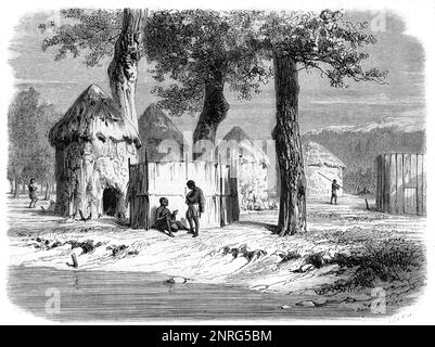 Nuer Village o villaggio africano di capanne di fango rotondo nella regione del Nilo Bianco del Sud Sudan Africa. Vintage Engraving o Illustrazione 1862 Foto Stock