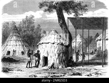 Nuer Village o villaggio africano di capanne di fango rotondo nella regione del Nilo Bianco del Sud Sudan Africa. Vintage Engraving o Illustrazione 1862 Foto Stock