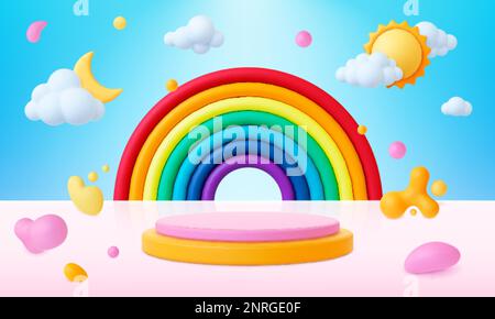 Bambini 3D sfondo arcobaleno, vendita baby showroom banner moda. Podio e nuvole, liquido astratto 3D forme e palle, pithy vettore realistico annuncio Illustrazione Vettoriale