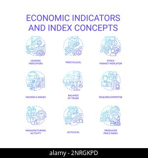 Set di indicatori economici e icone di concetto di gradiente blu indice Illustrazione Vettoriale