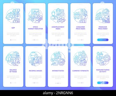 Esempi di indicatori economici schermate blu dell'app mobile di onboarding in gradiente Illustrazione Vettoriale