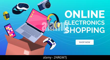 Banner online per acquisti e consegne di prodotti elettronici con dispositivi e scatola di consegna Illustrazione Vettoriale