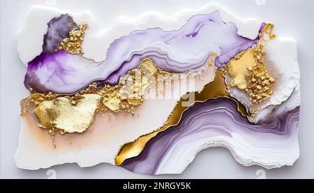 Vortice di marmo oro viola sfondo astratto, marmo liquido disegno astratto, toni viola chiaro con oro, pittura di marmo texture. Inchiostro alcool col Foto Stock