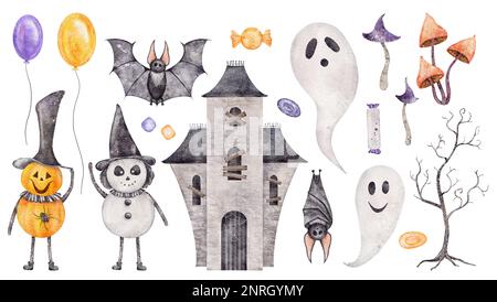 Acquerello composizione Halloween con zucche, castello casa, pipistrello, ragno e fantasma. Perfetto per inviti, stampe, cartoleria, scrapbooking Foto Stock