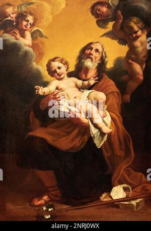 San Giuseppe col Bambino - olio su tela - Robert De Longe - ultimo quarto del XVII secolo - Piacenza, Musei Civici di Palazzo Farnese Foto Stock