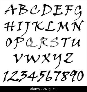 Font calligraphy moderno. Lettere a pennello scritte a mano. Maiuscole, numeri. Lettere a mano alfabeto per il vostro disegno: Calligrafia di nozze, logo, slogan, Illustrazione Vettoriale