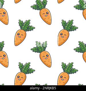 Simpatico motivo carota kawaii senza cuciture in stile doodle. Cartoni animati vettoriali disegnati a mano illustrazioni di carote. Disegno a mano di carota. Modello per abiti per bambini. Illustrazione Vettoriale