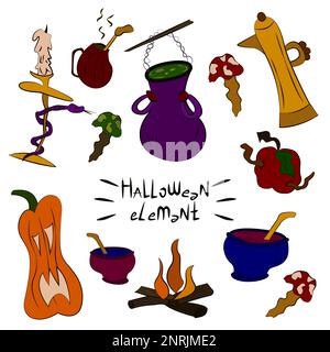 Collezione di oggetti strega, pozioni, ingredienti. Halloween spooky elementi, clipart, adesivi. Utensili da cucina magici. Le stampe per bambini sono fresche Illustrazione Vettoriale
