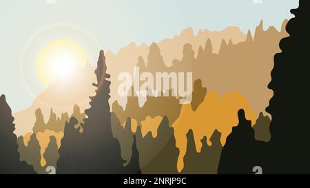 Bellissimo paesaggio astratto della foresta autunnale minimalista. Alba su alberi colorati. Mattina fresca nella natura. Semplice illustrazione piatta per l'immagine, b Illustrazione Vettoriale