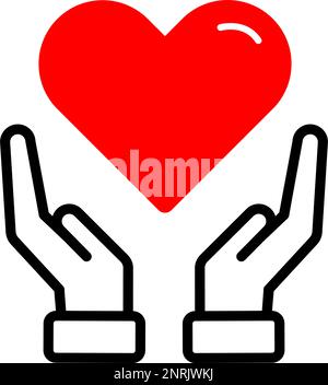 Le mani che tengono un simbolo di icona a forma di focolare. Concetto di assistenza sanitaria, volontariato, beneficenza e donazione. Illustrazione vettoriale Illustrazione Vettoriale