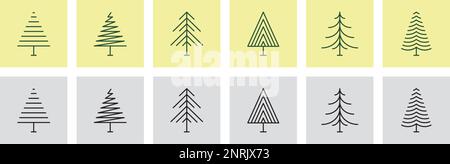 Un insieme di illustrazioni di icone vettoriali alberi. Gruppo di icone albero lineare. Design simbolo foresta, parco e giardino. Illustrazione Vettoriale