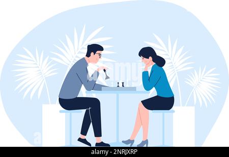 Coppia giocare a scacchi. Uomo e donna riposo, popolare gioco da tavolo logica. Metafora di strategia, maschio vs femmina piano vettore business concetto Illustrazione Vettoriale