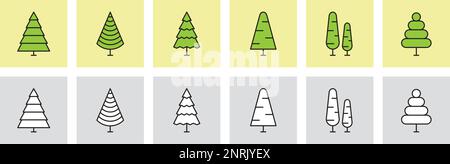 Una serie di illustrazioni di icone vettoriali ad albero minimo. Gruppo di icone albero lineare. Foresta, parco e giardino simbolo design. Illustrazione Vettoriale