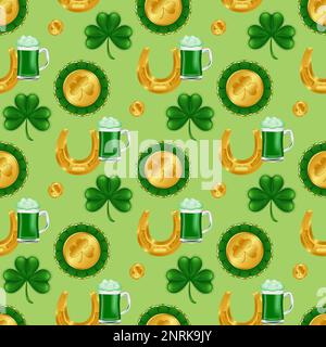 Festeggia St. Patrick's Day con questo modello senza cuciture caratterizzato da ferro di cavallo dorato, monete, foglie di trifoglio e una pinta piena di birra verde o birra alla spina. Perfettamente Illustrazione Vettoriale