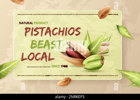 Banner pistacchi. Flyer pistacchi o marchio di marca con testo sullo sfondo, fattoria naturale semi di pistacchio, mangiare sano pistacchio noci snack dieta alimentare illustrazione vettore Illustrazione Vettoriale