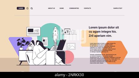 businesswoman lancio razzo da laptop progetto creativo azienda sviluppo startup business concept Illustrazione Vettoriale