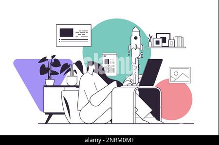 businesswoman lancio razzo da laptop progetto creativo azienda sviluppo startup business concept Illustrazione Vettoriale