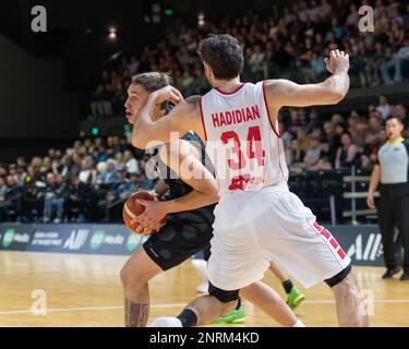 Wellington, Nuova Zelanda. 27th Feb, 2023. Gerard Hadidan (34 Libano) sembra battuto. New Zealand Tall Blacks vs Libano alla TSB Arena di Wellington, Nuova Zelanda. Coppa del mondo di pallacanestro FIBA 2023. La Nuova Zelanda vince 106-91. (Joe Serci - SPP) Credit: SPP Sport Press Photo. /Alamy Live News Foto Stock