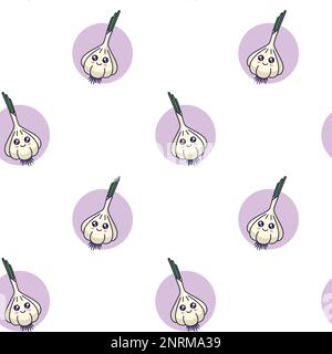 Simpatico motivo all'aglio kawaii senza cuciture in stile doodle. Cartone animato vettoriale disegnato a mano illustrazione dell'aglio. Disegno a mano di aglio. Modello per abiti per bambini. Illustrazione Vettoriale
