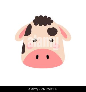 Carina testa di mucca in stile cartone animato. Faccia della mucca per il disegno del bambino e dei capretti Illustrazione Vettoriale