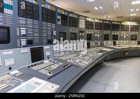 Visaginas, Lituania - 2023 febbraio 26: Centrale nucleare di Ignalina. Pannello di controllo identico alla centrale di Cernobyl. ph di alta qualità Foto Stock