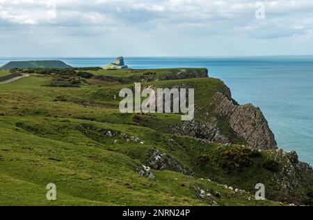 Vista dal parcheggio di Rhossili giù lungo le scogliere di Rhossili fino alla cima del Worms Head sulla penisola di Gower Galles del Sud Foto Stock