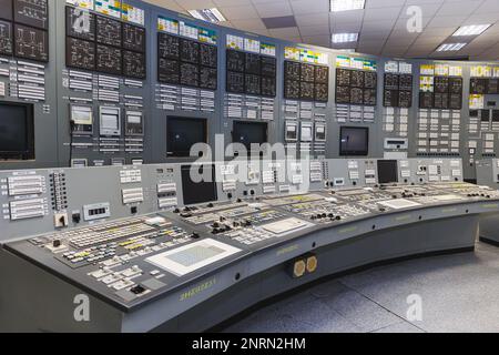 Visaginas, Lituania - 2023 febbraio 26: Centrale nucleare di Ignalina. Pannello di controllo identico alla centrale di Cernobyl. ph di alta qualità Foto Stock