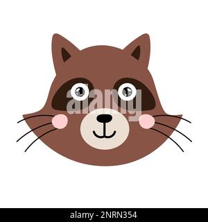 Simpatico viso raccoon in stile cartoon. Testa del personaggio della foresta per il design di bambini e bambini Illustrazione Vettoriale