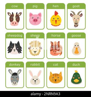 Animali da fattoria flashcards set. Scheda educativa flash con simpatici personaggi della fattoria Illustrazione Vettoriale