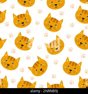 Carino gatto facce senza cuciture motivo. Sfondo in stile cartoon con carattere felino divertente Illustrazione Vettoriale