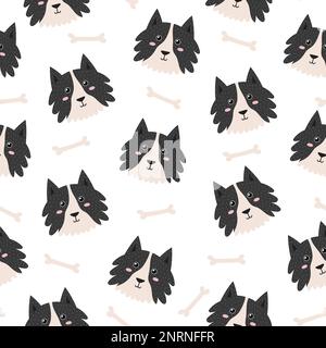 Cute cane facce senza cuciture modello. Sfondo in stile cartoon con divertente personaggio Collie Illustrazione Vettoriale