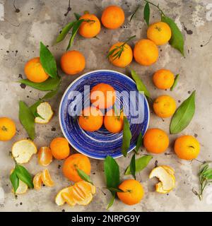 Tangerini (arance, mandarini, clementine, agrumi) con foglie in lastra blu su fondo grigio cemento. Cibo vegetariano biologico. Inverno locale Foto Stock