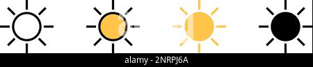 Icona del sole con stili diversi. Icone di controllo della luminosità e del tempo soleggiato. Vettori modificabili. Illustrazione Vettoriale