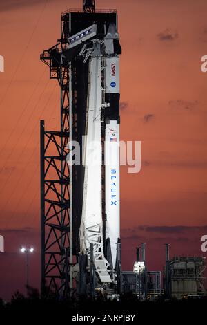 Cape Canaveral, Stati Uniti d'America. 25 febbraio, 2023. Il razzo SpaceX Falcon 9 che porta la navicella spaziale Crew Dragon viene approntato per il lancio sul Launch Pad 39A al Kennedy Space Center, 25 febbraio 2023 a Cape Canaveral, Florida. La sesta missione commerciale SpaceX nella Stazione spaziale Internazionale trasporta astronauti Andrey Fedyaev di Roscosmos, Woody Hoburg, e Stephen Bowen, della NASA, e Sultan Alneyadi degli Emirati Arabi Uniti. Credit: Joel Kowsky/NASA/Alamy Live News Foto Stock