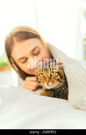 Cute sorridente giovane donna bionda sdraiata su un letto giocando un carino Green-eyed Scottish Tabby Cat, il concetto di amare e prendersi cura degli animali domestici, adottandoli Foto Stock