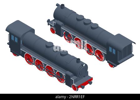Locomotiva a vapore isometrica. Treno vintage a vapore nero su ferrovia. Illustrazione Vettoriale