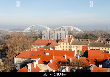 Novi Sad, Serbia. Luglio - 25. 2022. Ponte Zezelj sul Danubio a Novi Sad. Vista del Ponte Zezelje sul Danubio a Novi Sad dalla Petrovarad Foto Stock