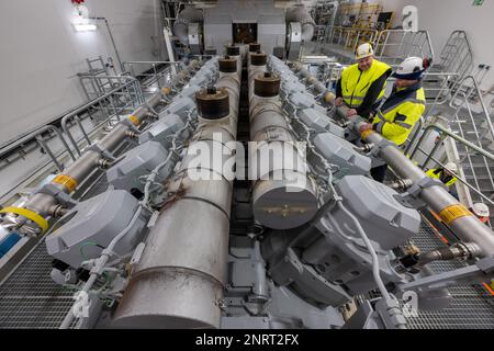 Chemnitz, Germania. 27th Feb, 2023. Sono in corso i lavori di prova presso il nuovo impianto di cogenerazione dei motori (MHKW) sul sito dei fornitori di energia elettrica. Il nuovo stabilimento di cogenerazione è composto da sette moduli e raggiunge una potenza termica di circa 80 megawatt e una potenza elettrica di circa 88 megawatt. L'impianto è ancora in funzione in modalità test ed è previsto per il funzionamento commerciale a giugno. Credit: Hendrik Schmidt/dpa/Alamy Live News Foto Stock