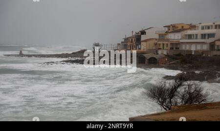 Santa Margalida, Spagna. 27th Feb, 2023. Le onde colpiscono la riva nel tempo tempestoso vicino a Can Picafort. Piogge con basse temperature sono previste per i prossimi giorni. Credit: Clara Margais/dpa/Alamy Live News Foto Stock