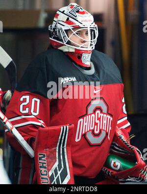 October 12, 2019: Ohio State Buckeyes goaltender Andrea Braendli (20) before the start of the third period against Wisconsin in their game in Columbus, Ohio. Brent Clark/CSM(Credit Image: © Brent Clark/CSM via ZUMA Wire) (Cal Sport Media via AP Images)