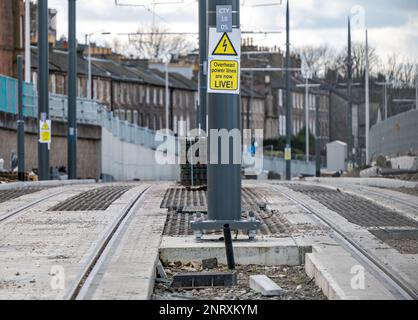Tram quasi completati per l'estensione della linea del tram di Newhaven, Leith, Edimburgo, Scozia, Regno Unito Foto Stock