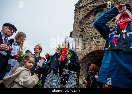 La coppia, la famiglia e gli amici sono visti brinda dopo la cerimonia. La tradizione del falso matrimonio contadino durante il carnevale risale al XVI secolo, la nobiltà giocava il ruolo dei contadini e i contadini erano i signori. A Nijmegen, Anja e Theo Wijlemans sono state la coppia di nozze del contadino, quest'anno. La coppia si è riunita nella cappella di Valkhof, indossando abiti tradizionali contadini e circondata da persone che indossavano costumi vivaci. Il matrimonio del contadino è una delle tradizioni del Carnevale Olandese, specialmente nel Limburgo, nel Brabante del Nord e nel Gelderland. Il rituale di inversione wa Foto Stock