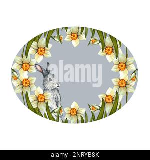 Acquerello cornice pasqua con daffodil. Illustrazione floreale primaverile isolata su sfondo blu. Foto Stock