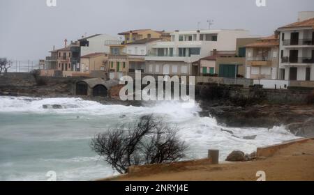 Santa Margalida, Spagna. 27th Feb, 2023. Le onde colpiscono la riva nel tempo tempestoso vicino a Can Picafort. Piogge con basse temperature sono previste per i prossimi giorni. Credit: Clara Margais/dpa/Alamy Live News Foto Stock