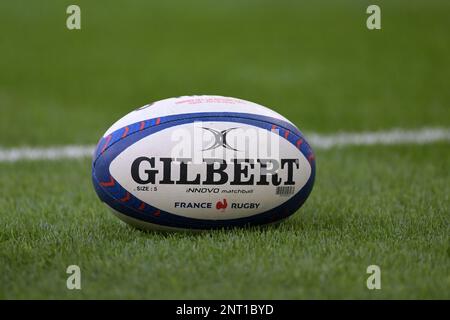 Parigi, Francia. 26/02/2023, PARIGI - palla Gilbert durante la partita di rugby Guinness Six Nations tra Francia e Scozia allo Stade de France il 26 febbraio 2023 a Parigi, Francia. AP | altezza olandese | GERRIT DI COLONIA Foto Stock