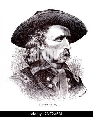 George Armstrong Custer, 1839 – 1876, è stato un ufficiale dell'esercito degli Stati Uniti e comandante di cavalleria nella guerra civile americana, illustrazione vintage dal 1865 Foto Stock