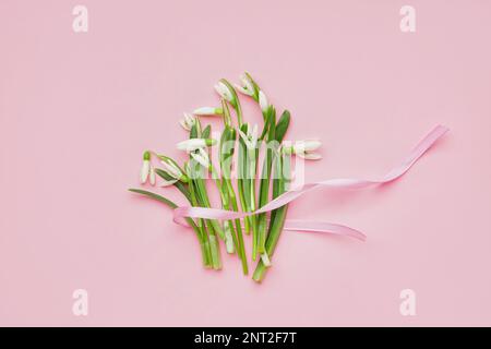 Bouquet di belle gocce di neve con nastro su sfondo rosa Foto Stock