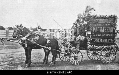 Carrozza trainata da cavalli della fabbrica di tintura di G. Lombar al Festival dei Fiori il 23 maggio 1902 sul campo di Khodynka a Mosca. Foto dal 1902. Foto Stock