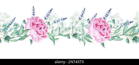 Acquerello orizzontale motivo floreale senza cuciture. Peonie rosa, eucalipto, lavanda, gypsofila. Illustrazione botanica disegnata a mano. Può essere utilizzato Foto Stock