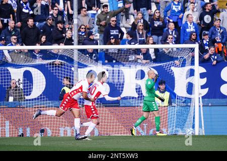 Stadio Mario Rigamonti, Brescia, Italia, 25 febbraio 2023, Leonardo Benedetti (SSC Bari) celebra il suo traguardo durante Brescia Calcio vs SSC Bari - IT Foto Stock